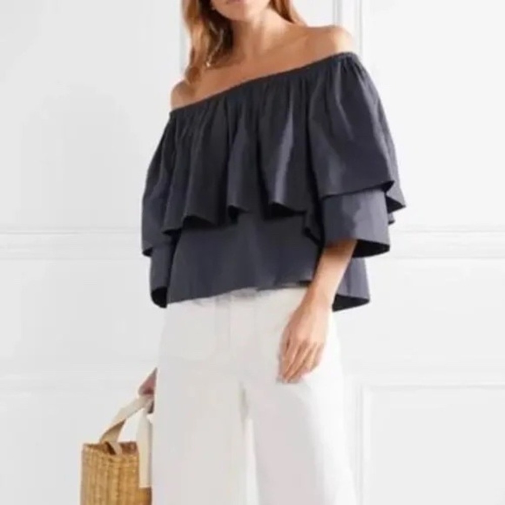 NEW Apiece Apart Neroli Off Shoulder Top 4 Prune Tiered Ruffle Cotton Poplin